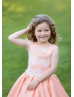Scoop Neck White Lace Coral Satin Corset Back Flower Girl Dress